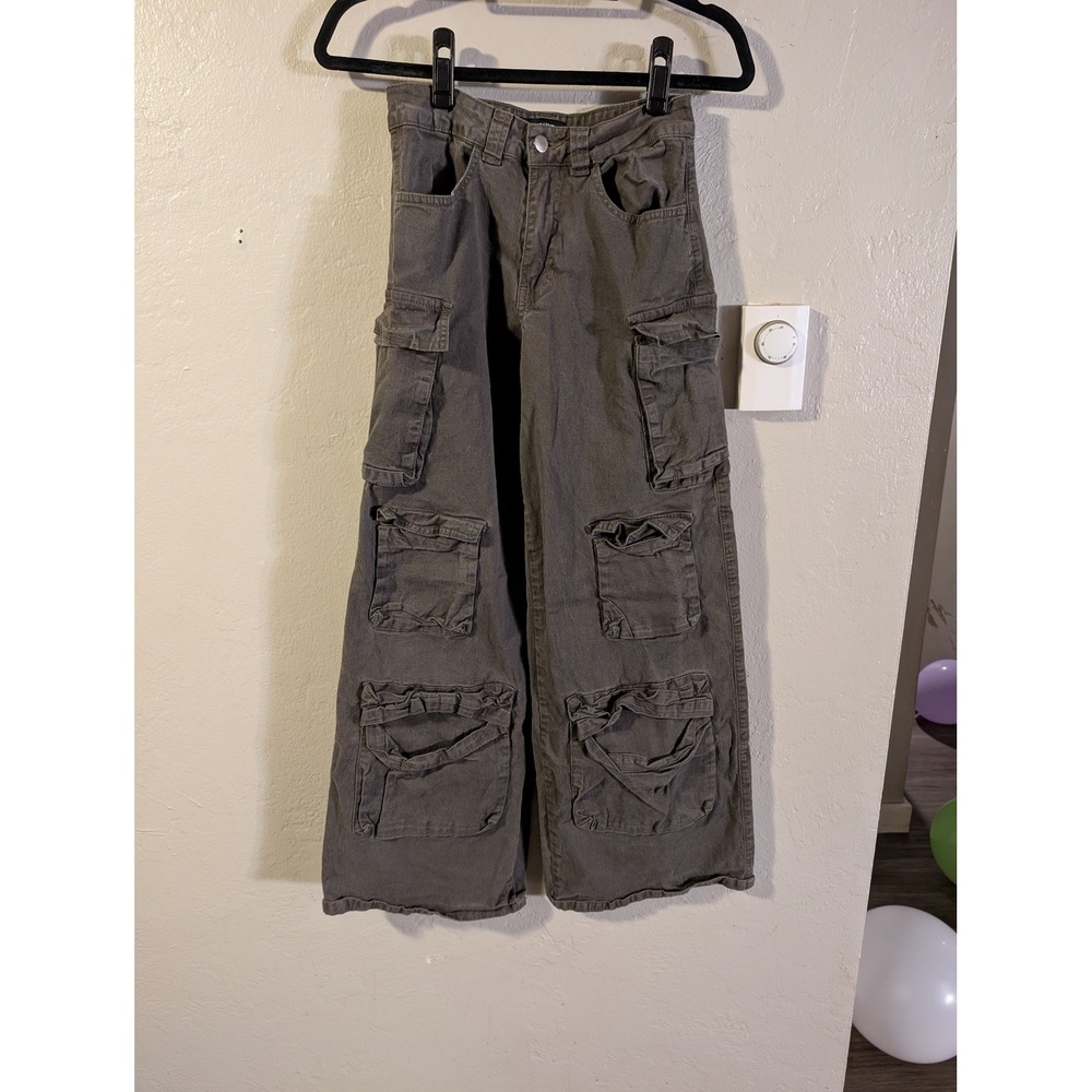 THINNER Y2K Multi Pocket Cargo Pants Wide Leg Gray Utility Cyber Pants sz 5
